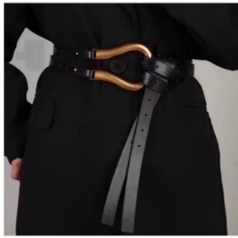 New! Black Leather Statement Belt NWOT 50in